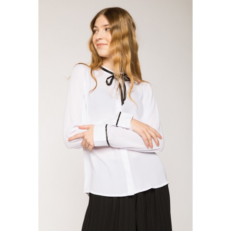 Biała elegancka koszula z czarnymi taśmami dla dziewczyny - 27414