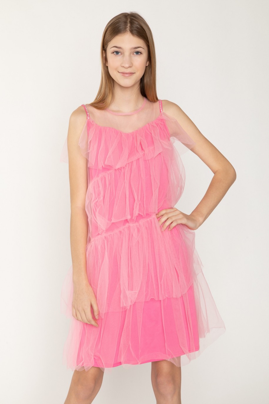 Różowa sukienka z tiulowymi falbanami - 27498