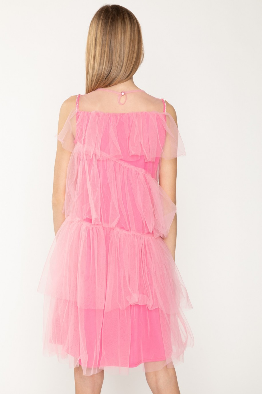 Różowa sukienka z tiulowymi falbanami - 27500