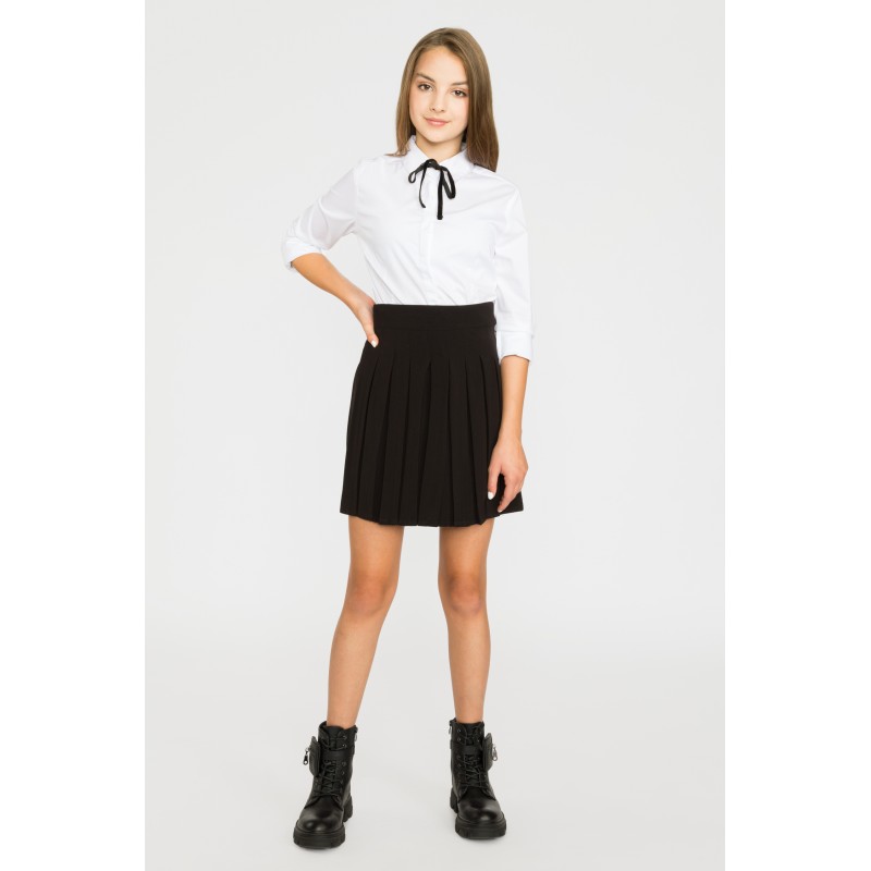Biała elegancka koszula z ozdobną czarną tasiemką dla dziewczyny - 29411