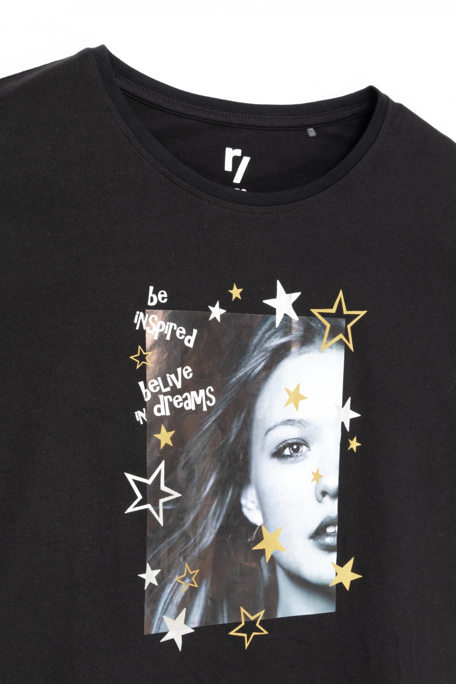 Czarny krótki t-shirt dla dziewczyny STARS - 31405