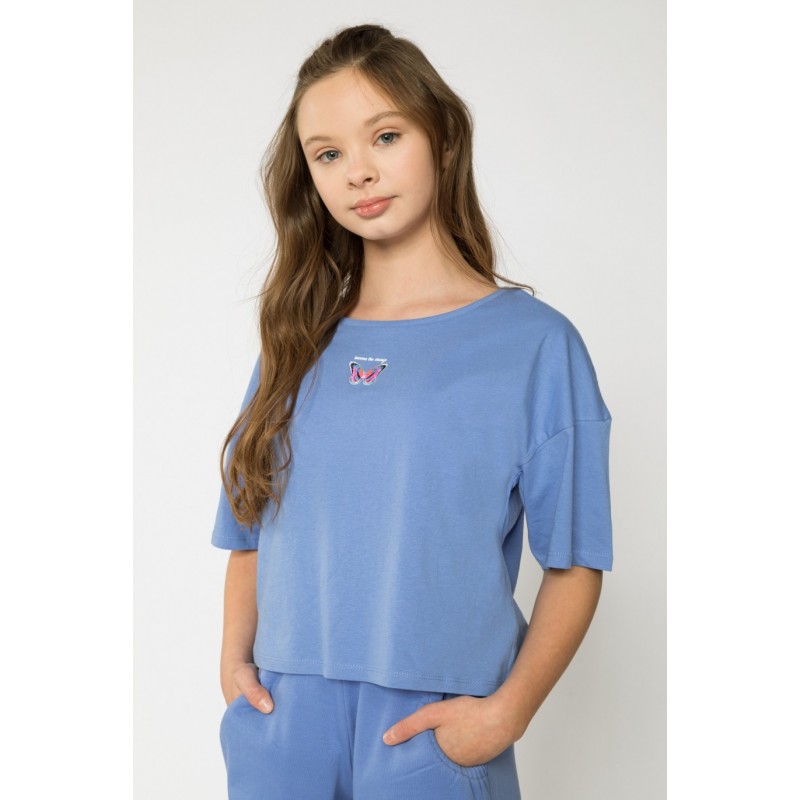 Niebieski t-shirt dla dziewczyny BUTTERFLY - 32526