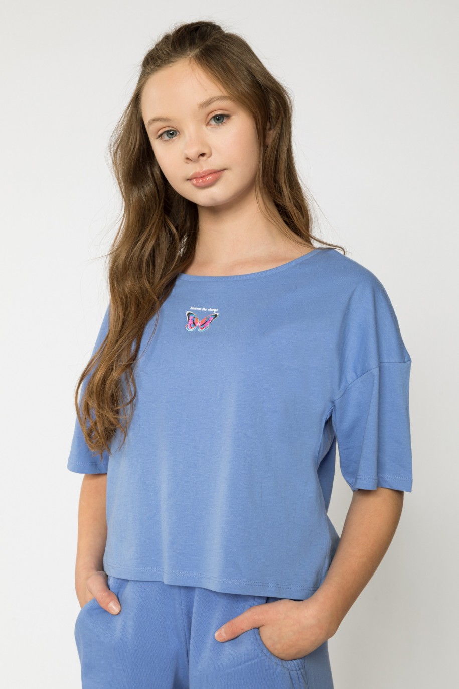 Niebieski t-shirt dla dziewczyny BUTTERFLY - 32526