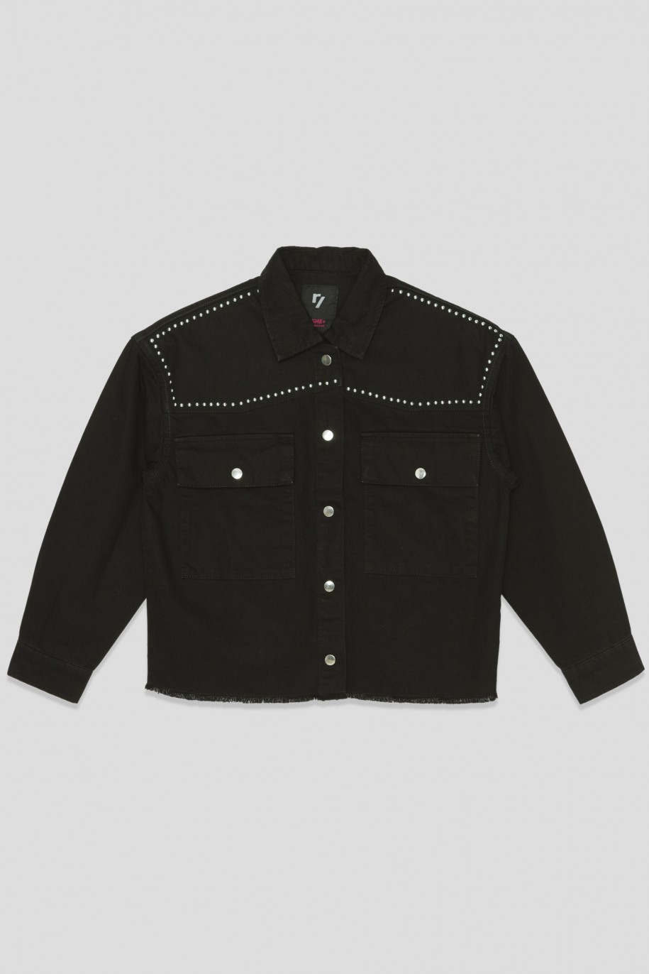Czarna jeansowa kurtka przejściowa z ozdobnymi nitami - 33186
