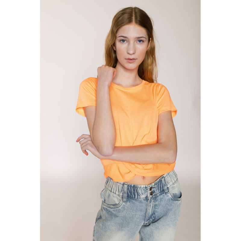 Pomarańczowy t-shirt dla dziewczyny z marszczonym dołem - 33219