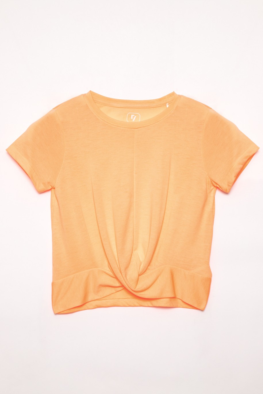 Pomarańczowy t-shirt dla dziewczyny z marszczonym dołem - 33223