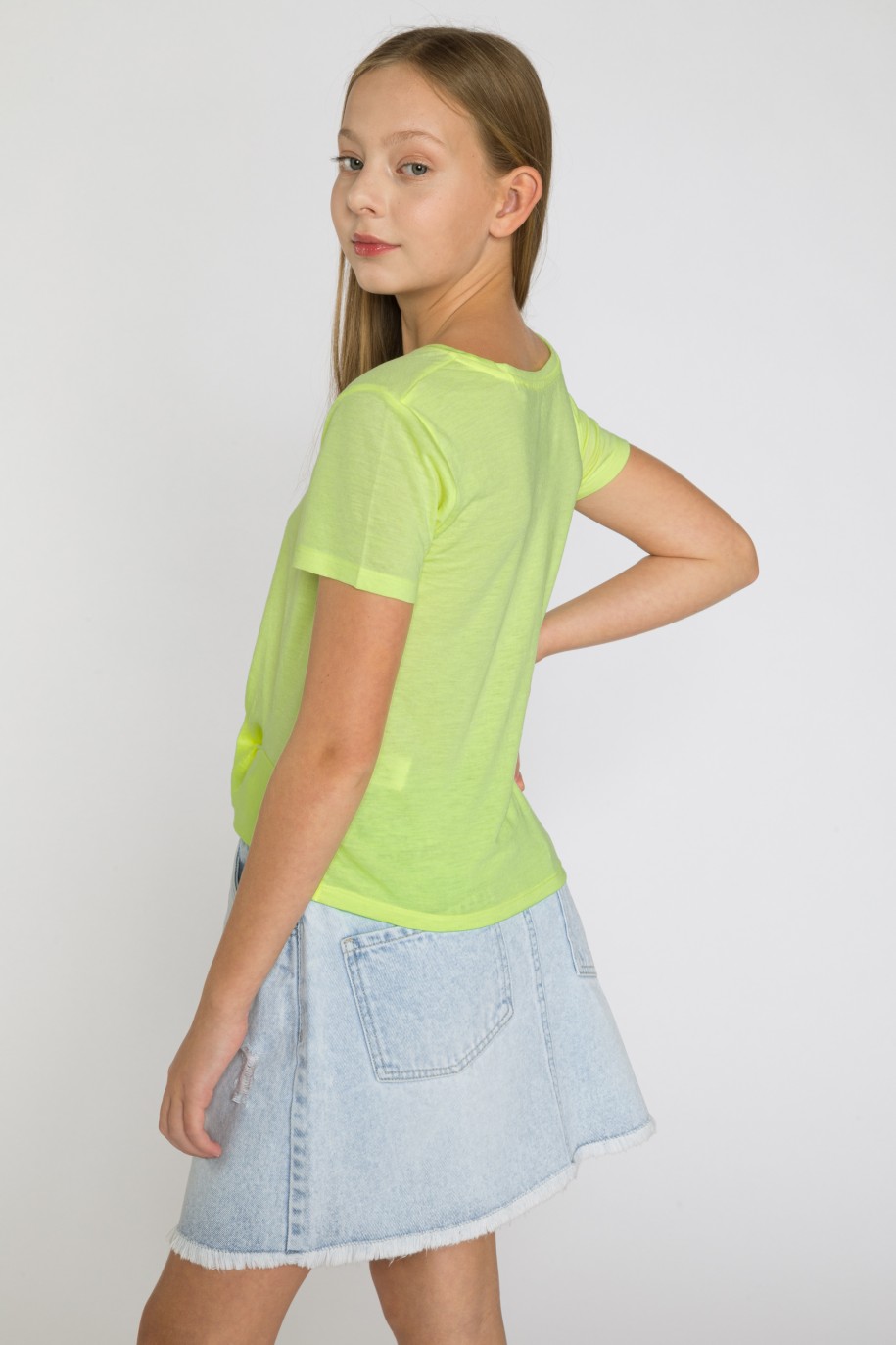 Neonowy t-shirt dla dziewczyny z marszczonym dołem - 33256