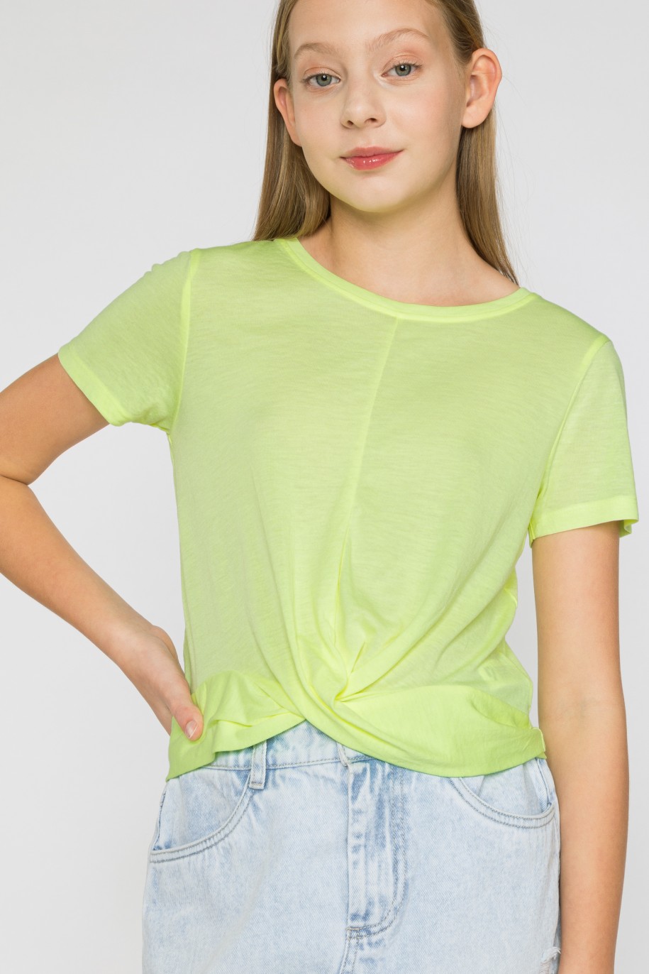 Neonowy t-shirt dla dziewczyny z marszczonym dołem - 33257