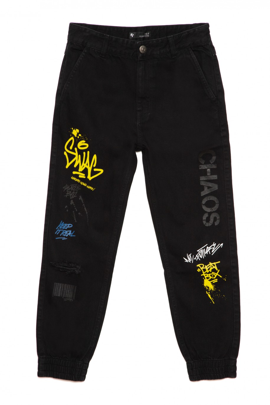 Czarne jeansy typu jogger z nadrukami dla chłopaka - 33463