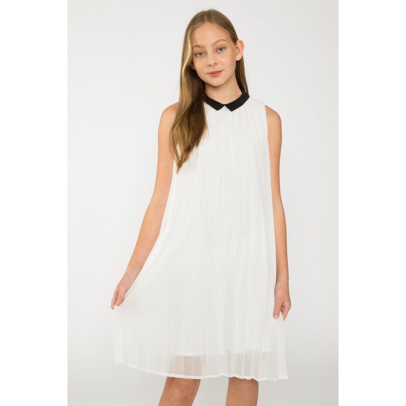 Biała plisowana sukienka z kołnierzykiem dla dziewczyny - 33792