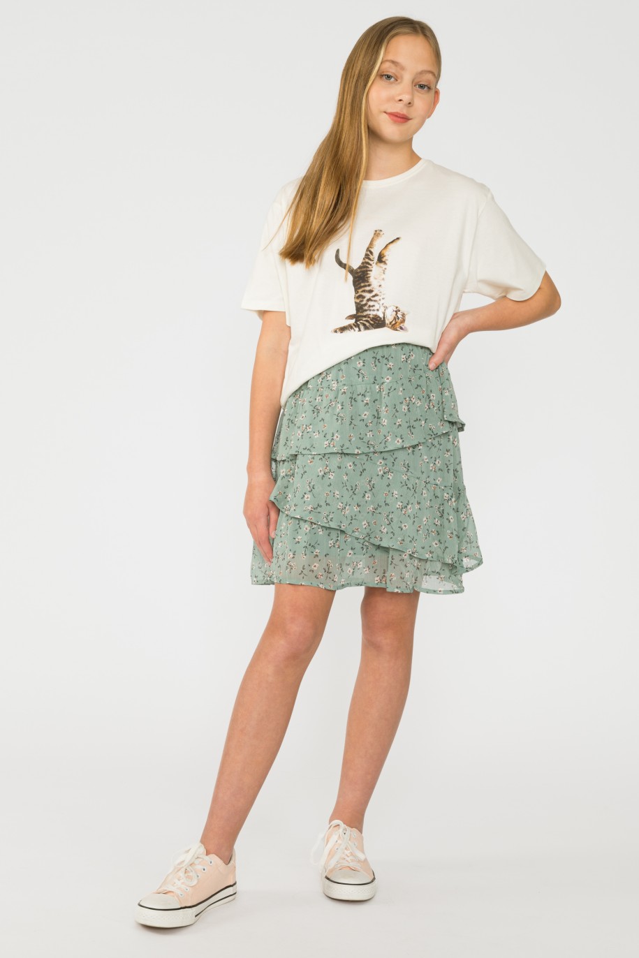 Krótka miętowa spódnica z falbanami w kwiaty dla dziewczyny - 33824