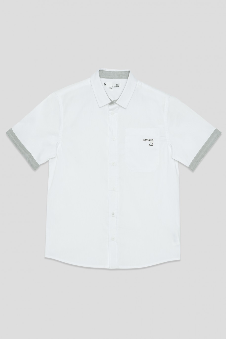 Biała koszula z krótkim rękawem i ozdobnymi mankietami dla chłopaka - 33847