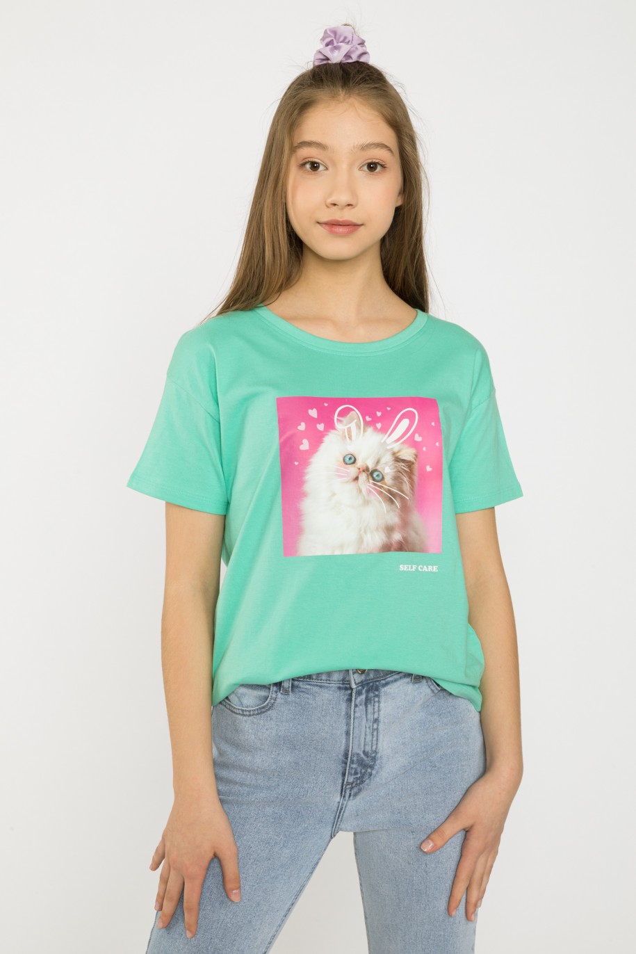 Miętowy t-shirt z nadrukiem SELF CARE dla dziewczyny - 34092