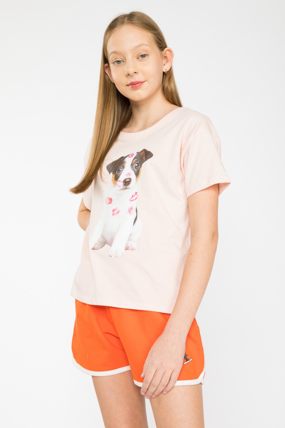 Pudrowo-różowy t-shirt DOG KISSES - 34687