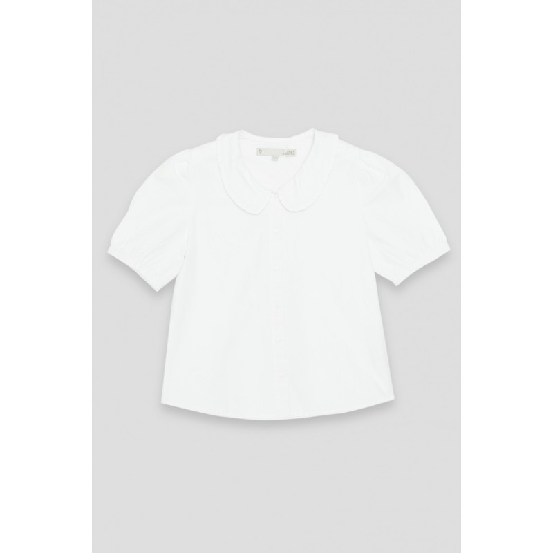 Biała koszula z krótkim rękawem i ozdobnym kołnierzem - 35373