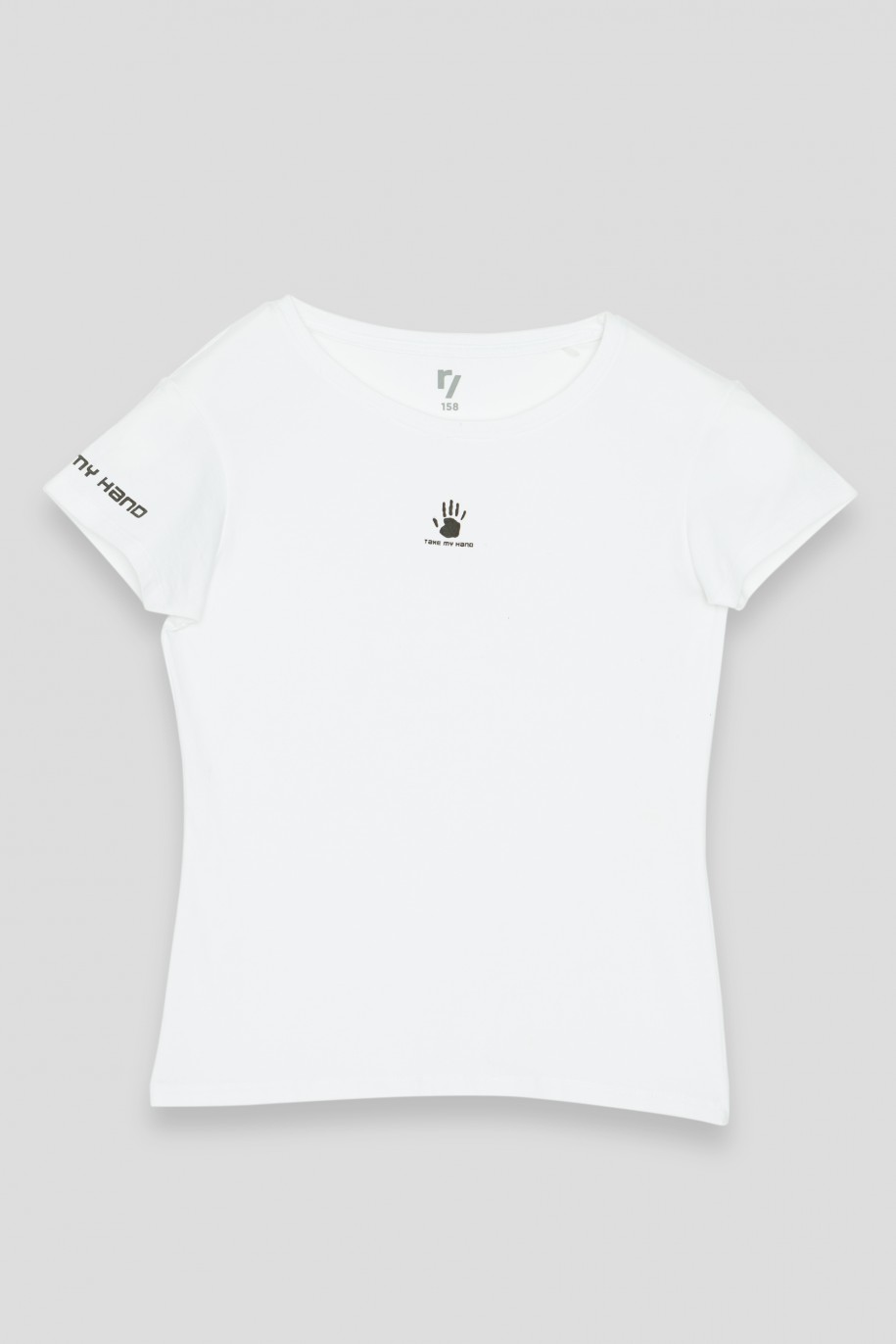 Biały t-shirt z nadrukiem TAKE MY HAND - 35656