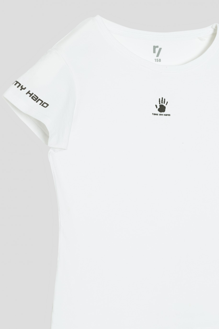 Biały t-shirt z nadrukiem TAKE MY HAND - 35657