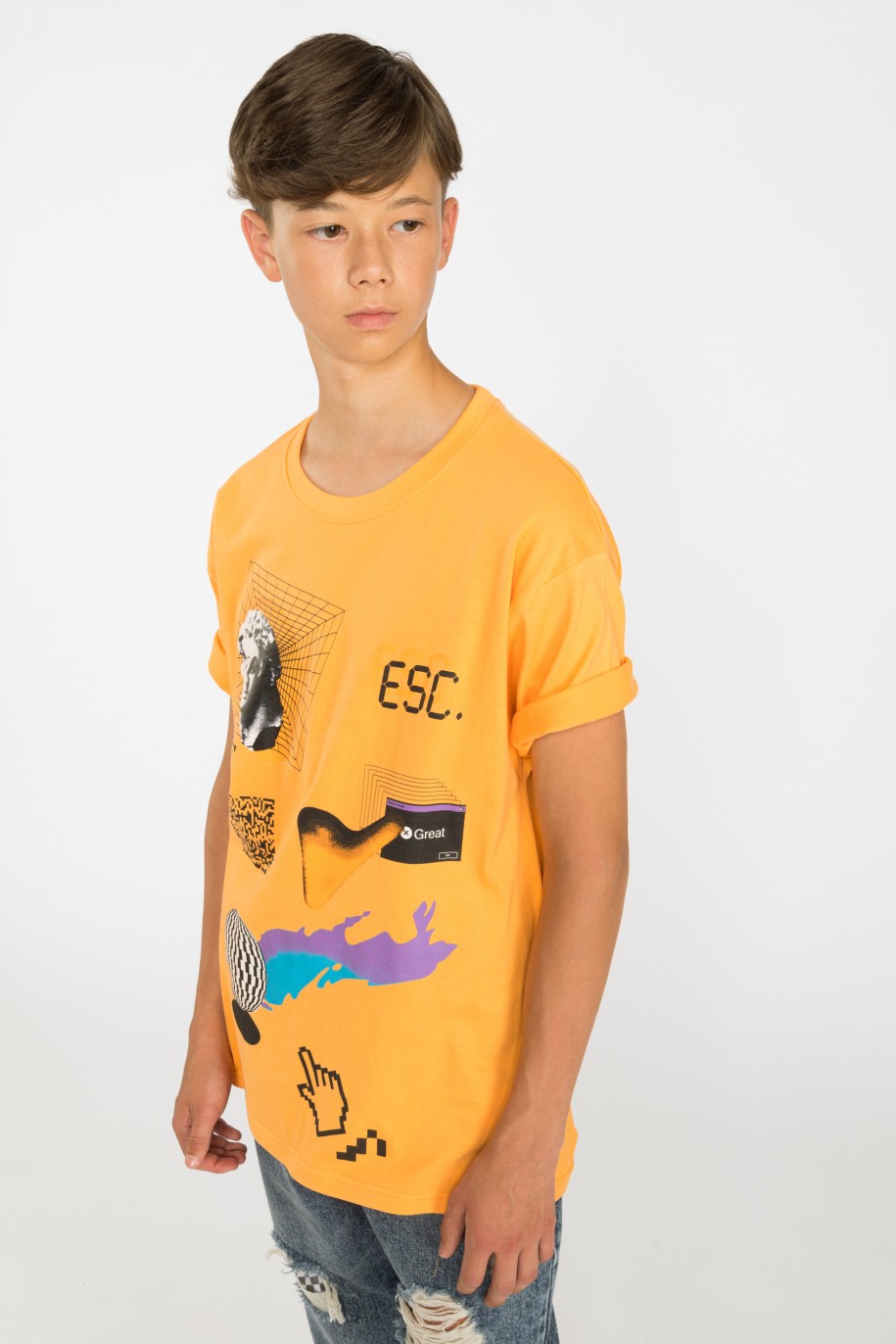 Pomarańczowy t-shirt z nadrukiem KLIK - 35861