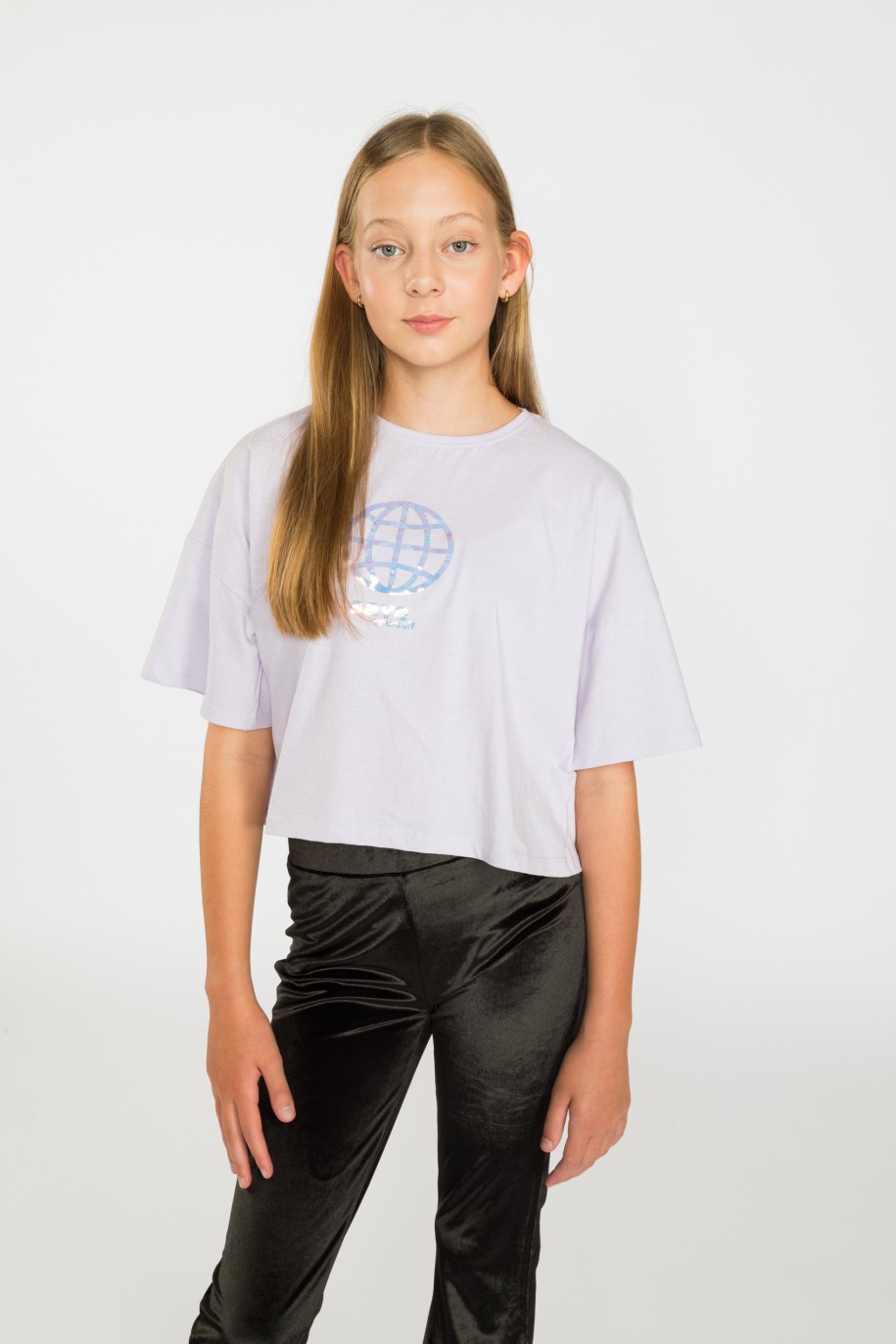 Liliowy t-shirt z holograficznym nadrukiem SAVE YOURSELF - 35879