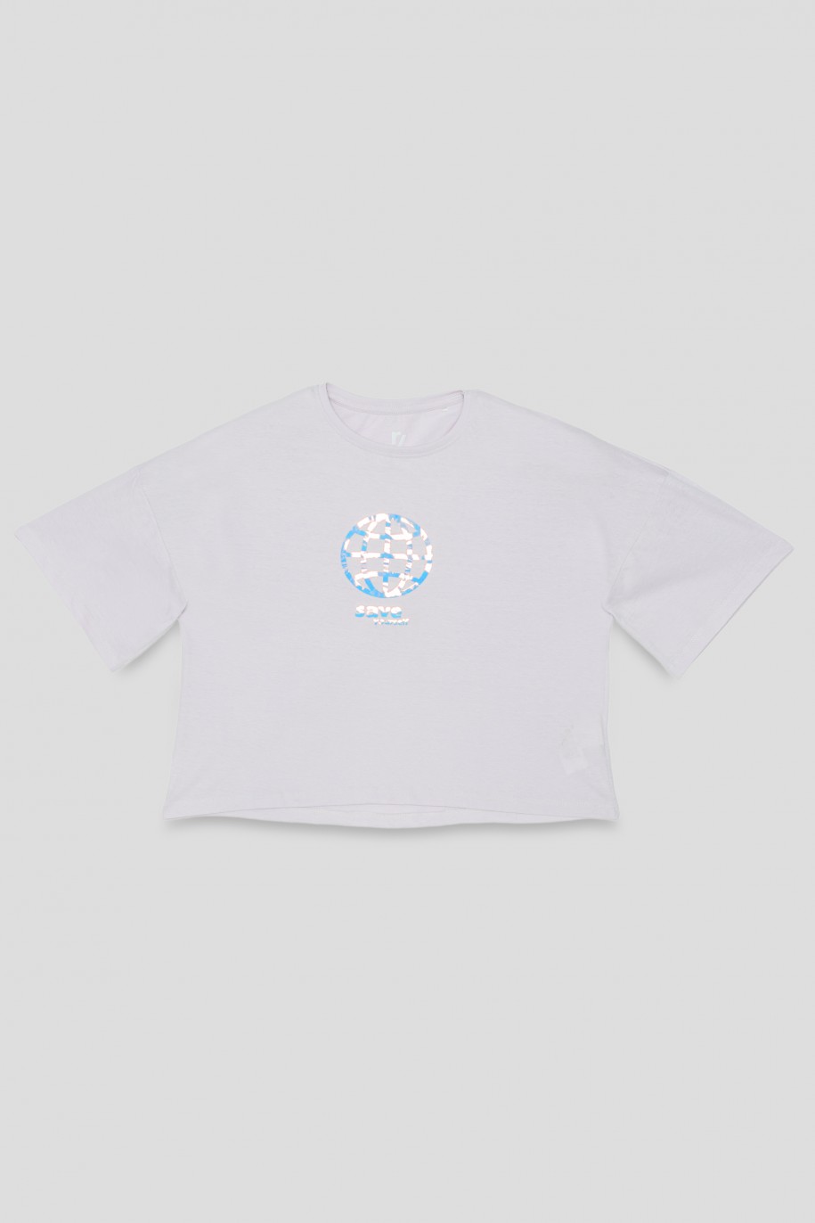 Liliowy t-shirt z holograficznym nadrukiem SAVE YOURSELF - 35883