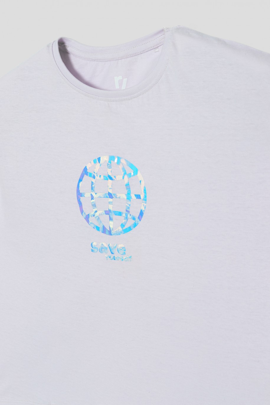 Liliowy t-shirt z holograficznym nadrukiem SAVE YOURSELF - 35884