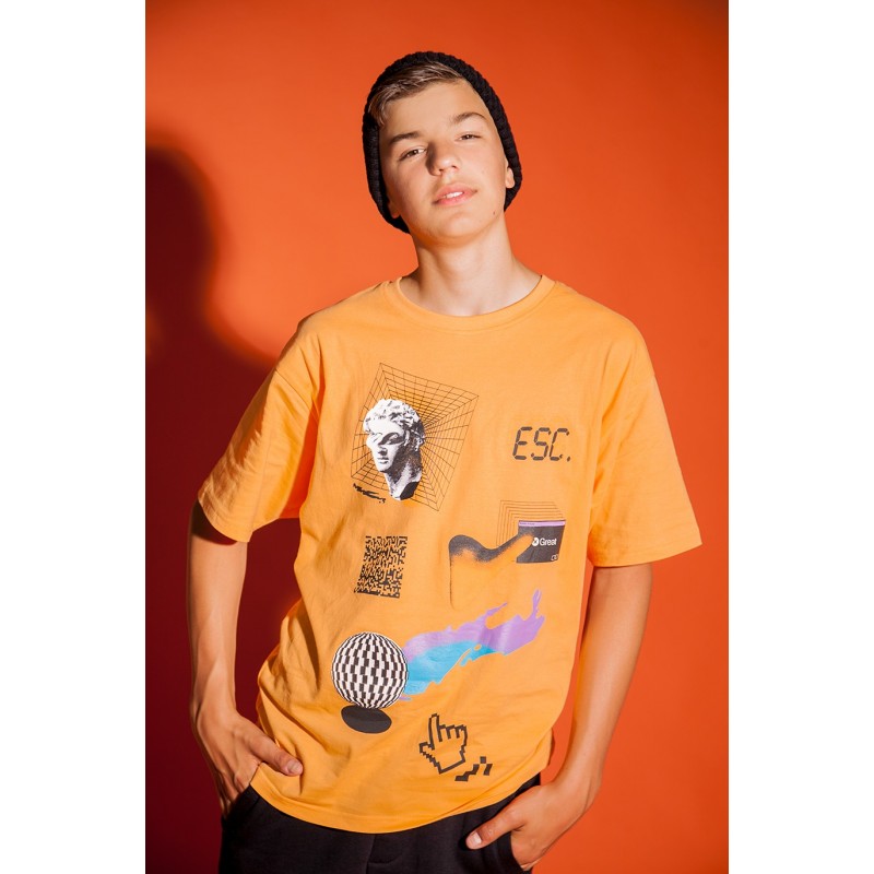 Pomarańczowy t-shirt z nadrukiem KLIK - 35897