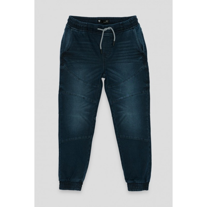 Granatowe jeansy z przeszyciami typu jogger - 36252