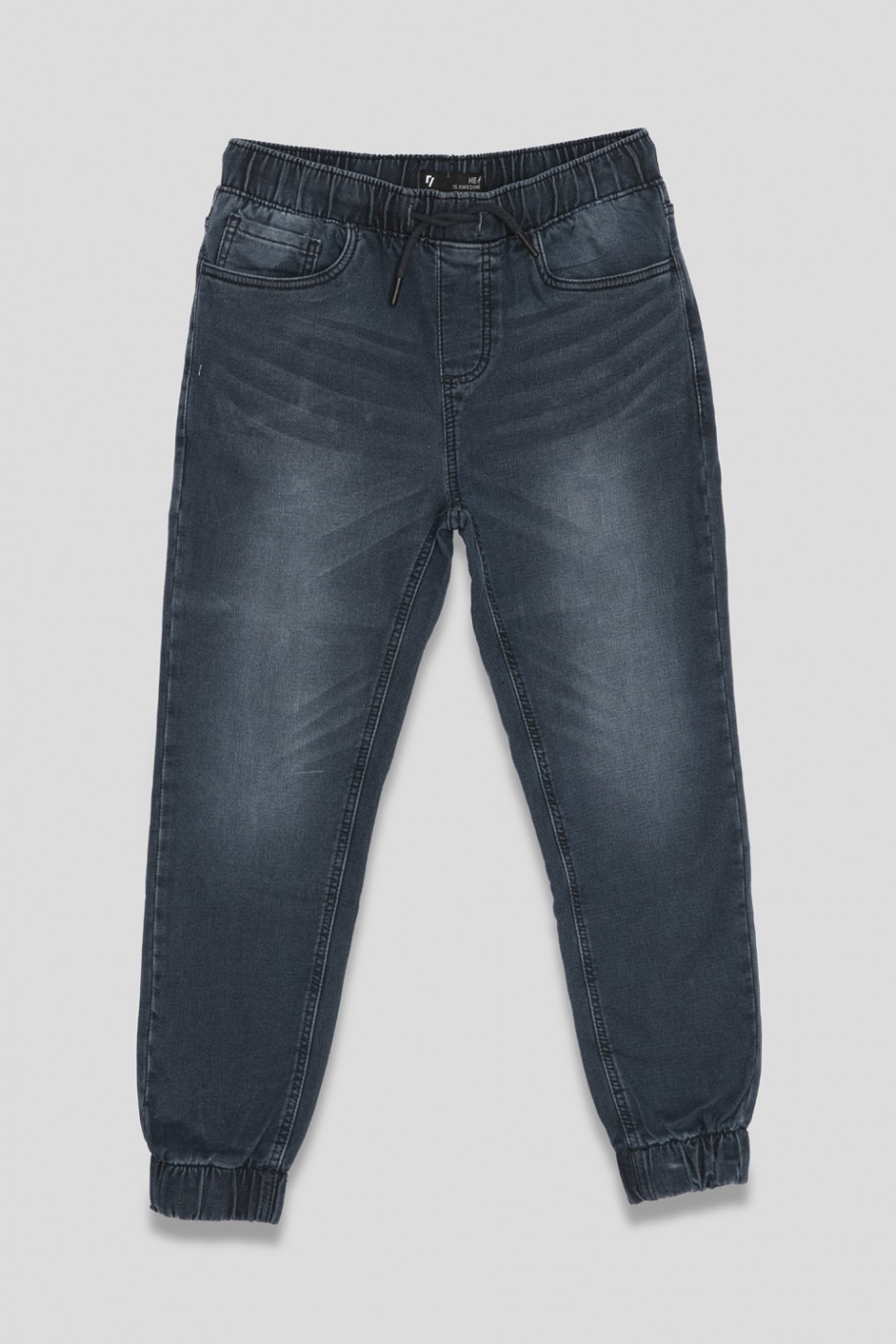 Ciemnoniebieskie marmurkowe jeansy typu jogger - 36476