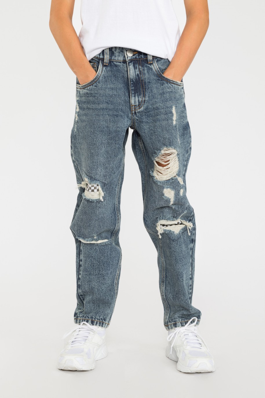 Niebieskie jeansy z przetarciami SZACHOWNICA - 36504