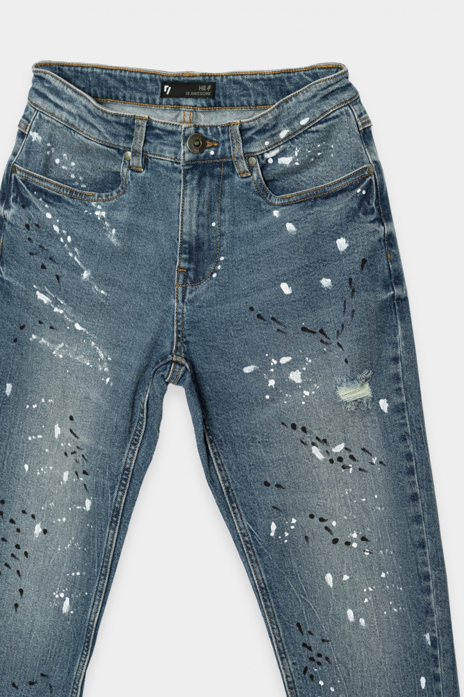 Niebieskie jeansy z efektem plam - 36510