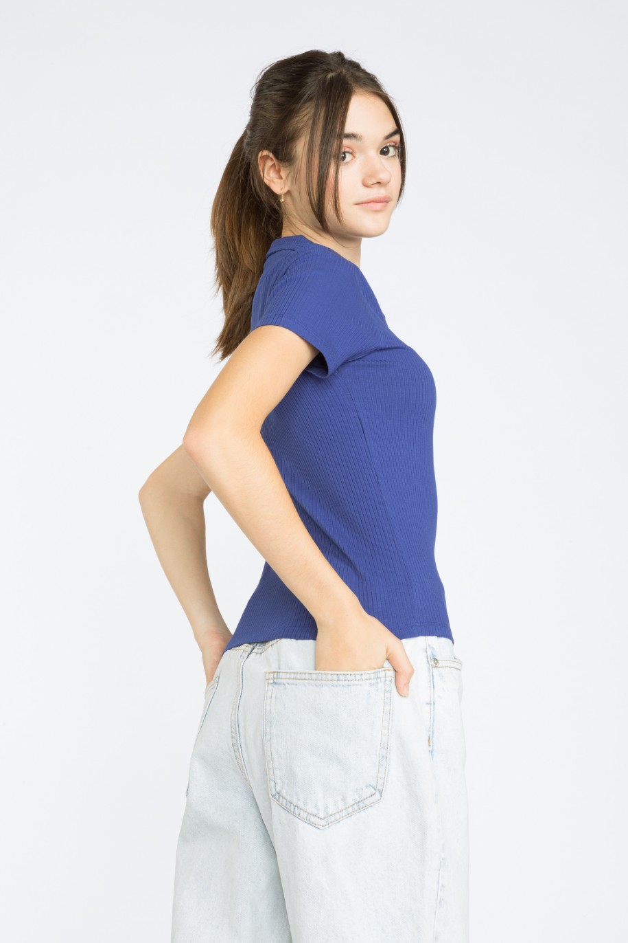 Niebieska bluzka z suwakiem z krótkimi rękawami - 36571