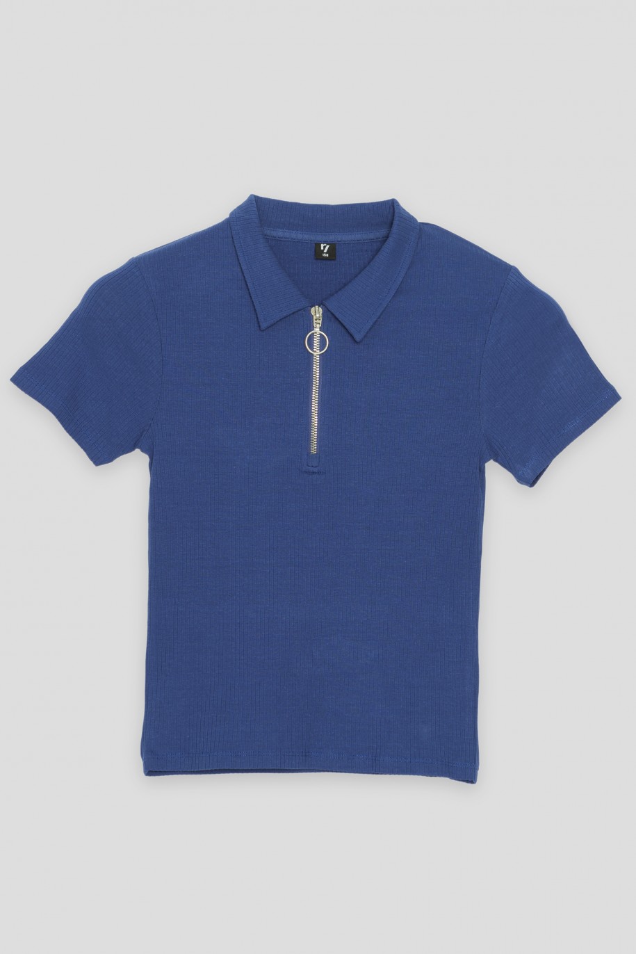 Niebieska bluzka z suwakiem z krótkimi rękawami - 36572