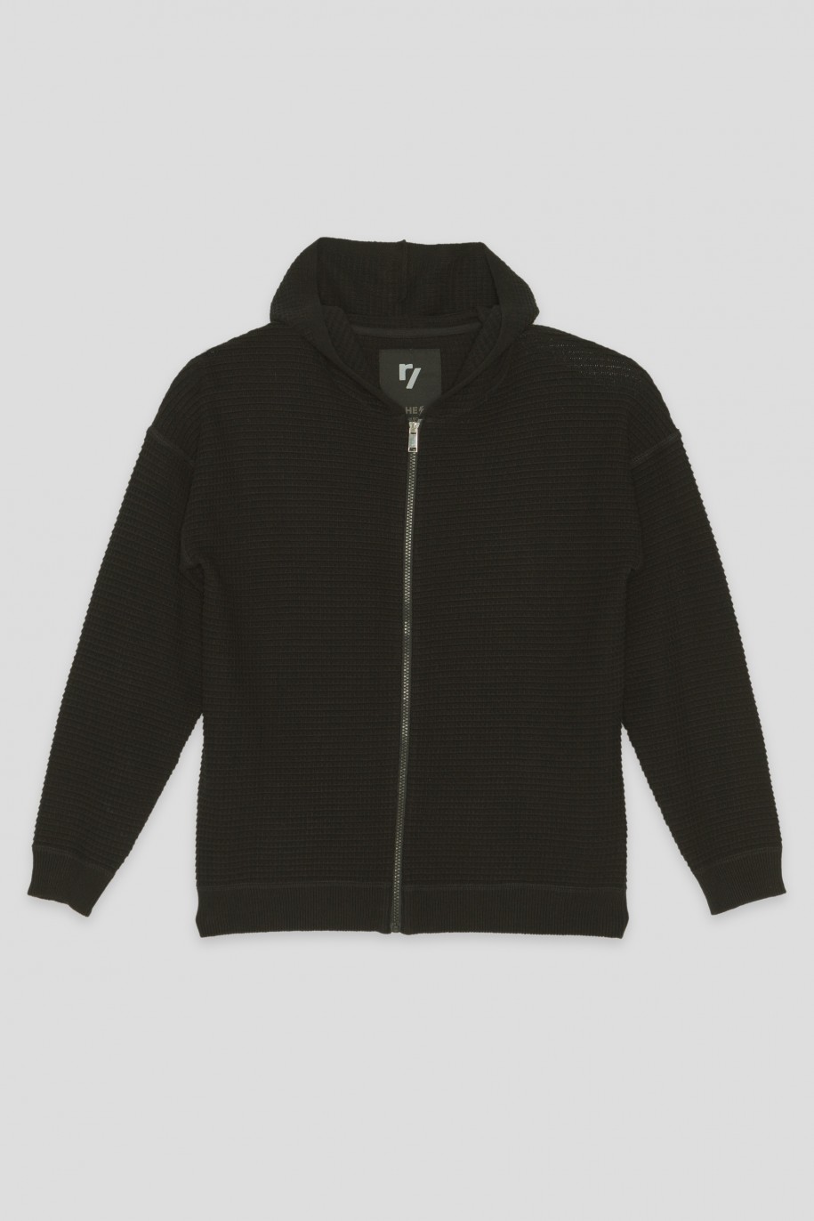Czarny rozpinany sweter z kapturem - 36590