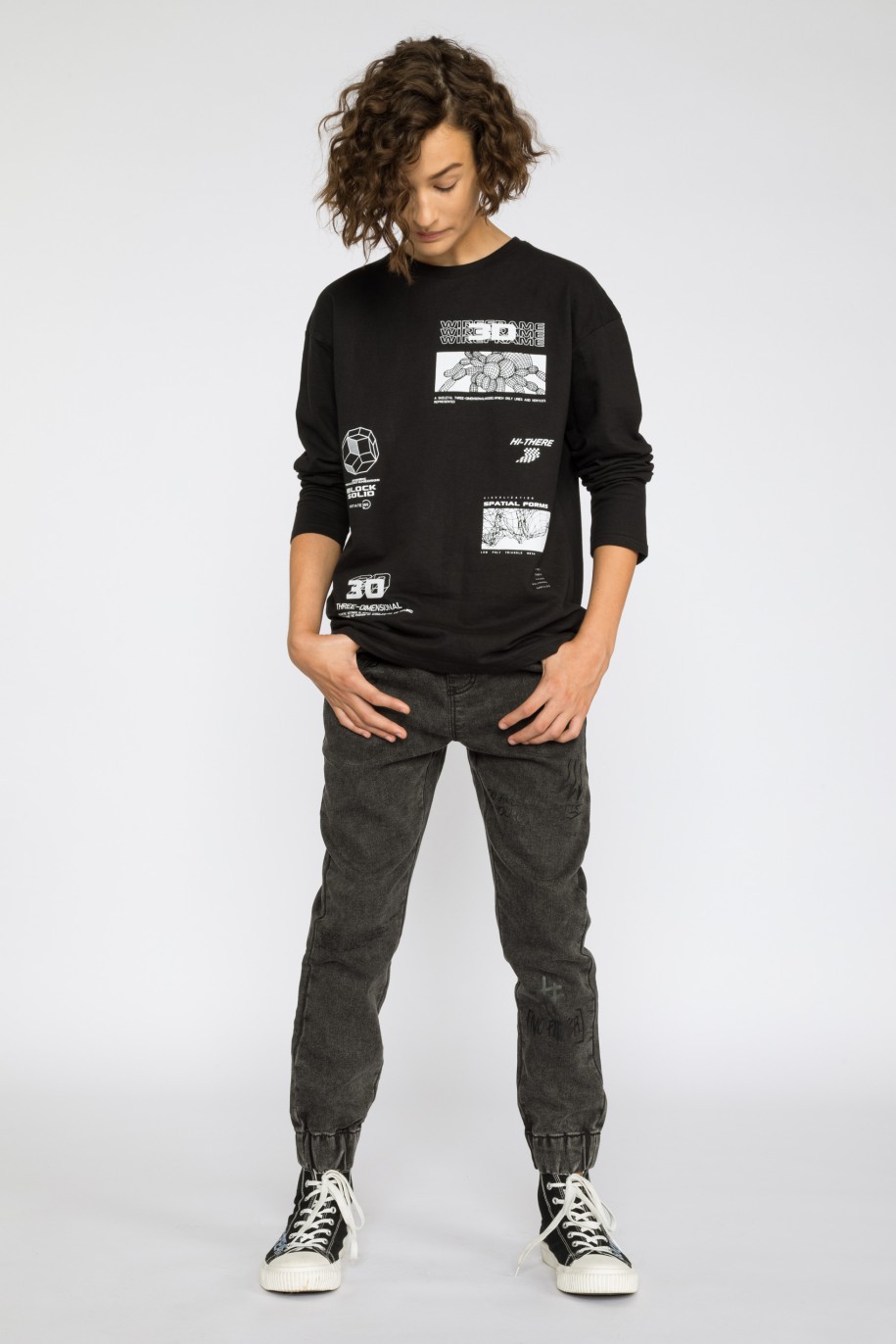 Czarny t-shirt z długim rękawem dla chłopaka z nadrukami - 36706