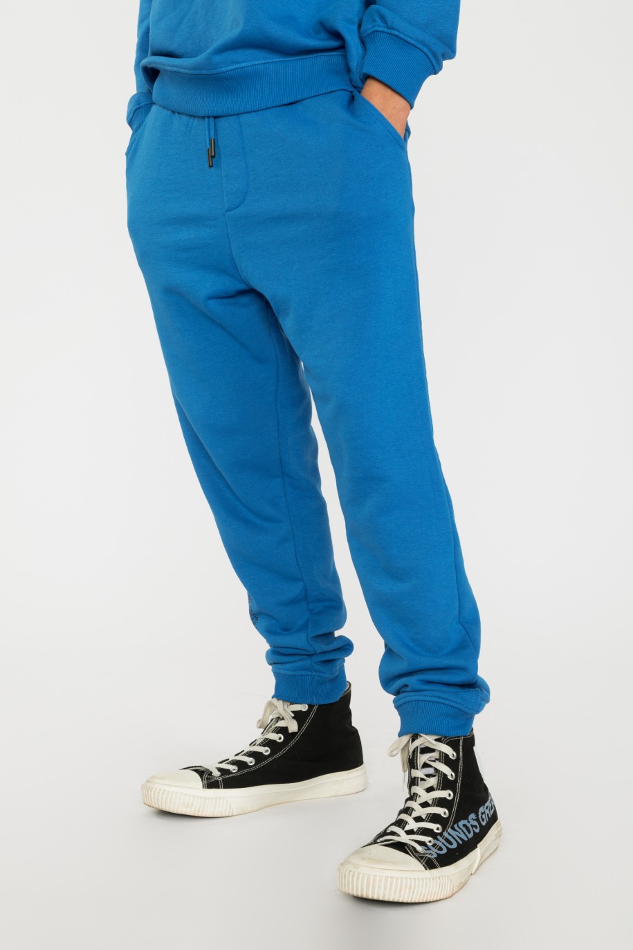 Niebieskie spodnie dresowe z napisami na nogawce - 37846