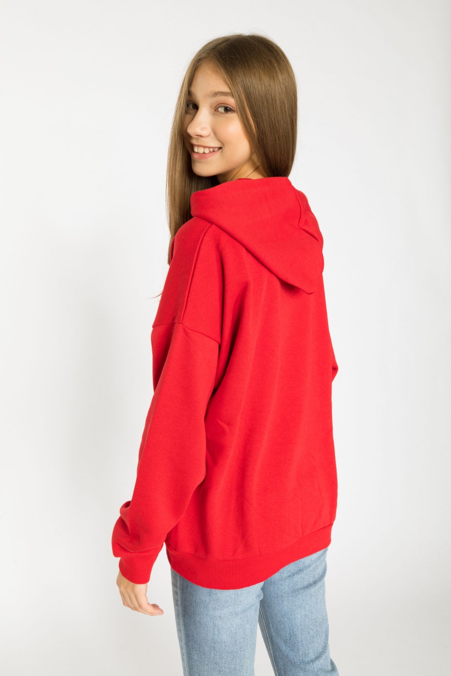 Czerwona bluza dresowa z kapturem ze świątecznym nadrukiem - 38303