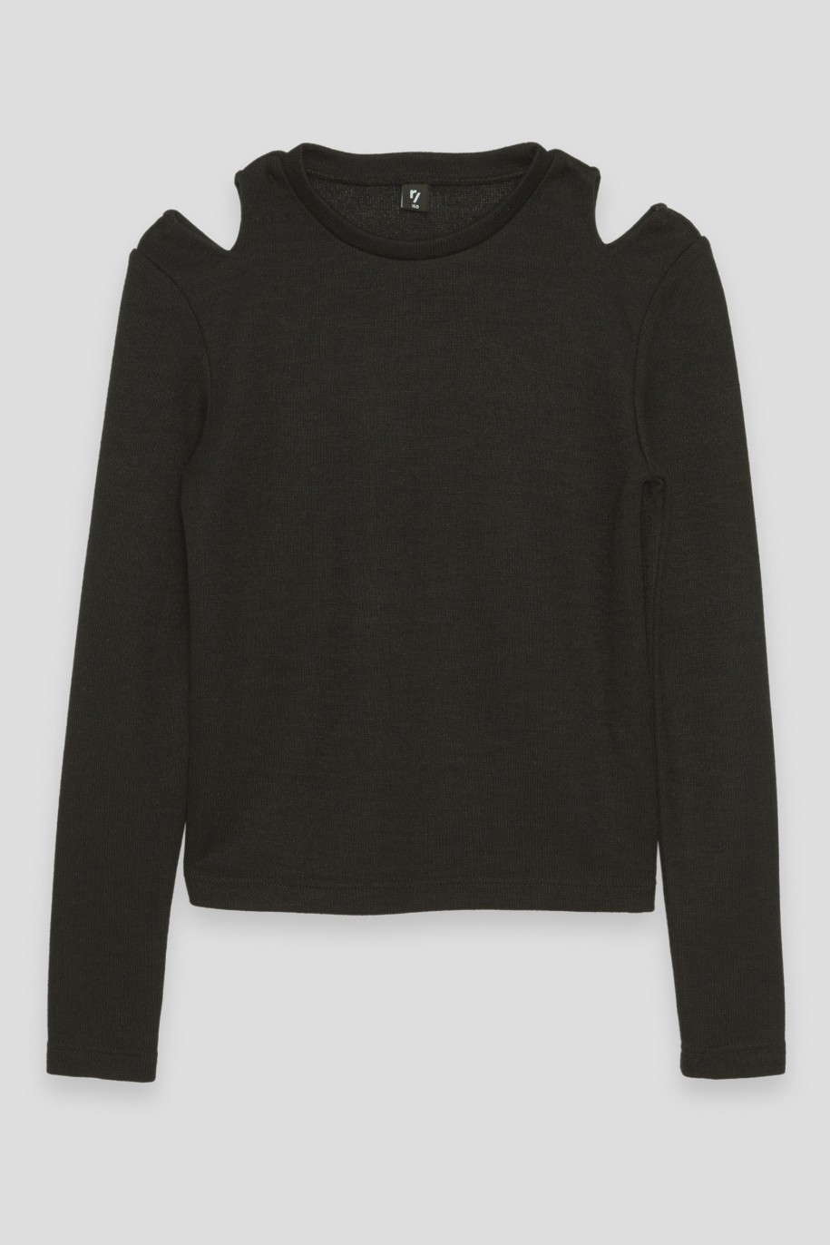 Czarny sweter z długim rękawem i ozdobnymi wycięciami - 38556