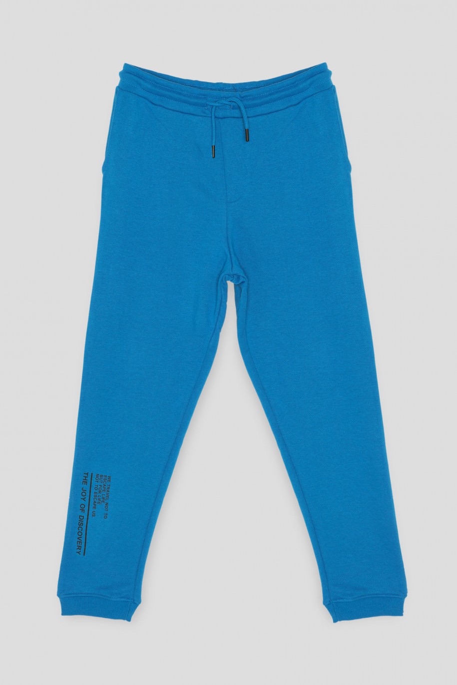 Niebieskie spodnie dresowe z napisami na nogawce - 38576