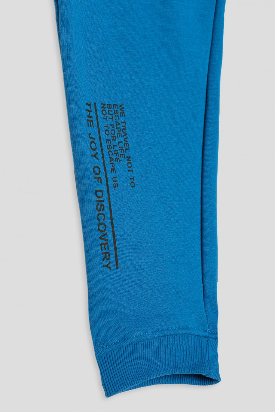 Niebieskie spodnie dresowe z napisami na nogawce - 38577