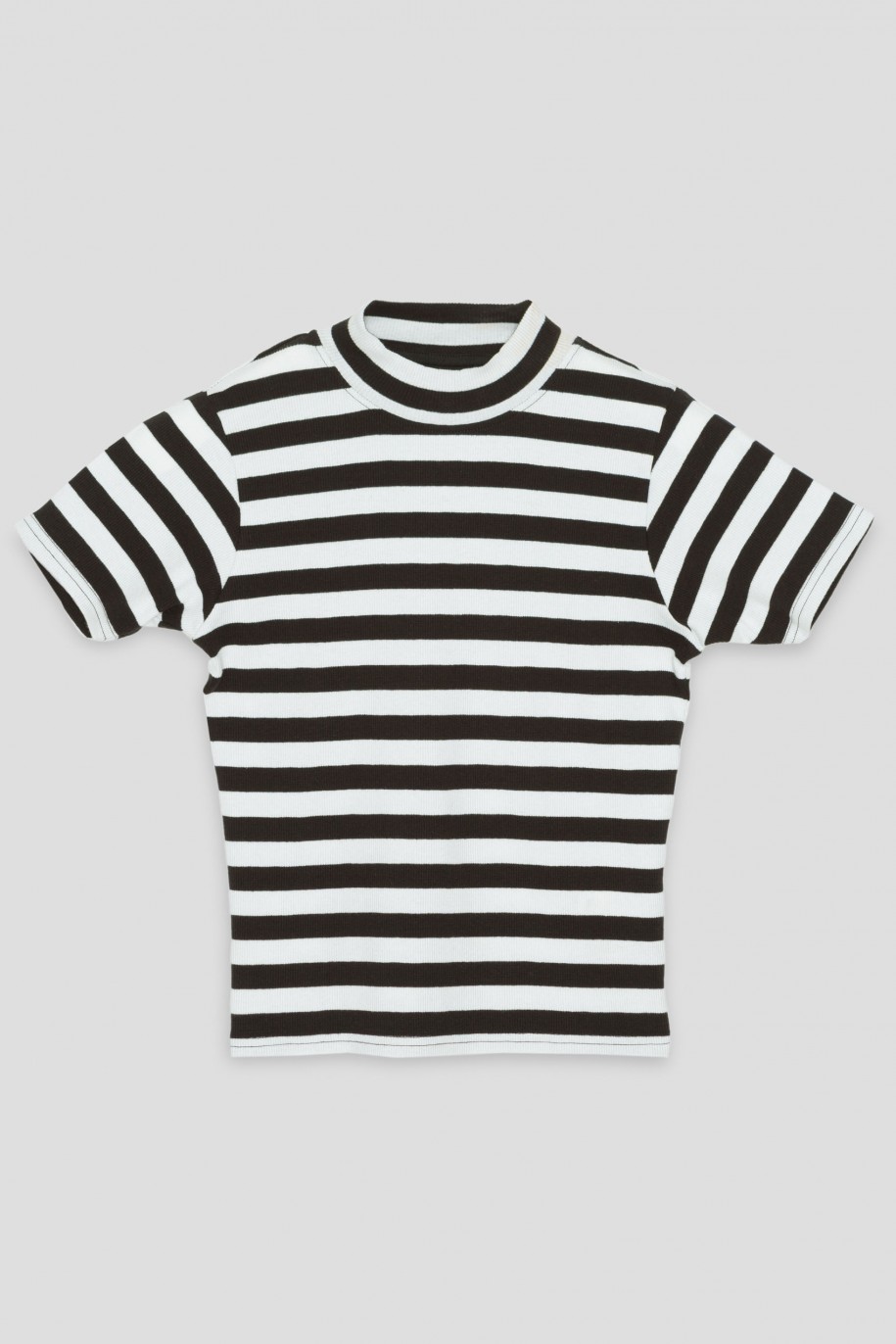 Prążkowany T-shirt z półgolfem w paski - 38825