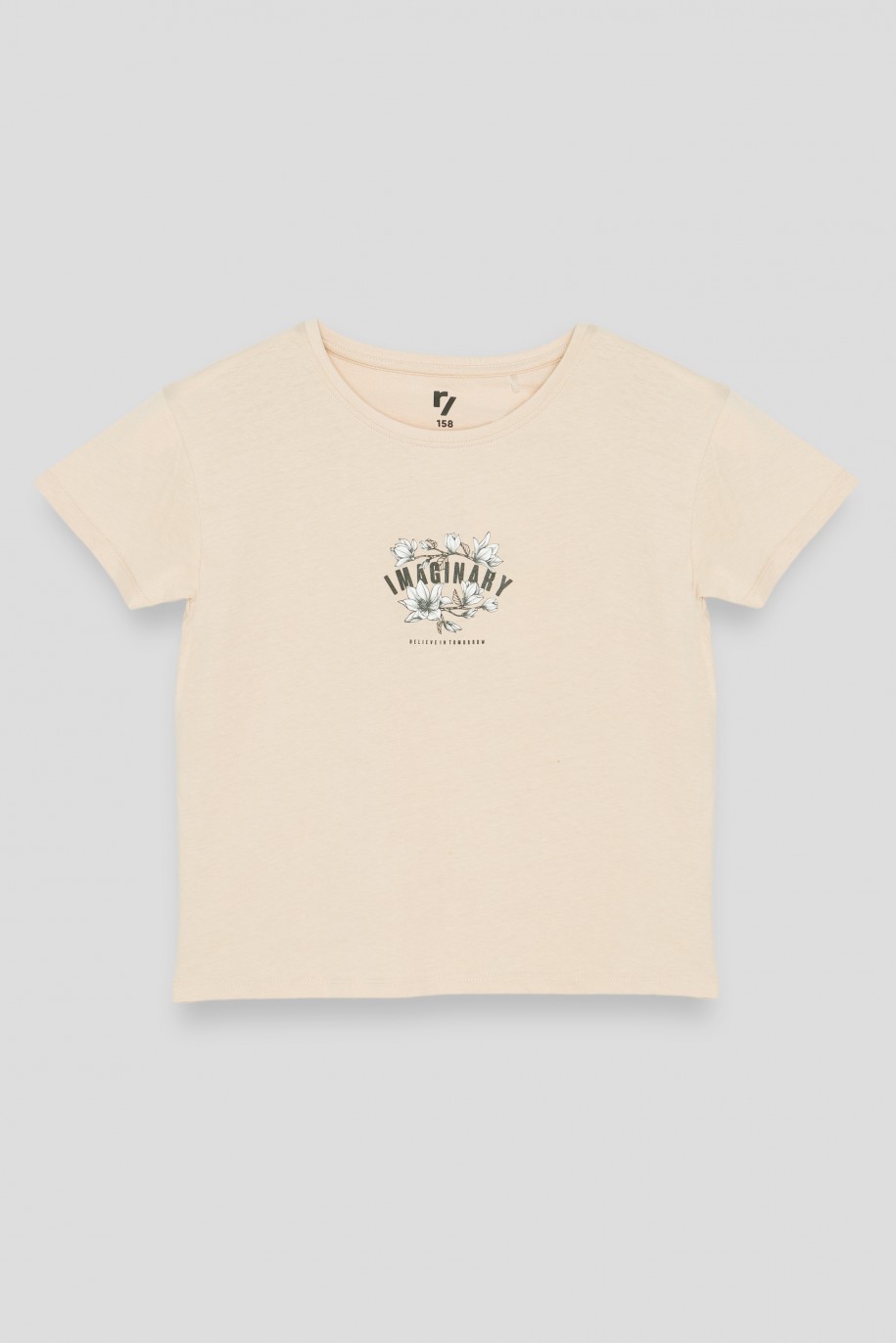 Kremowy T-shirt z nadrukiem - 39022
