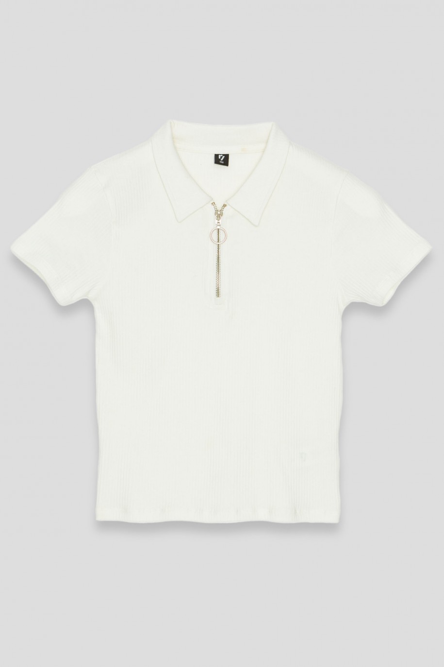 Biała bluzka z suwakiem z krótkimi rękawami - 39128