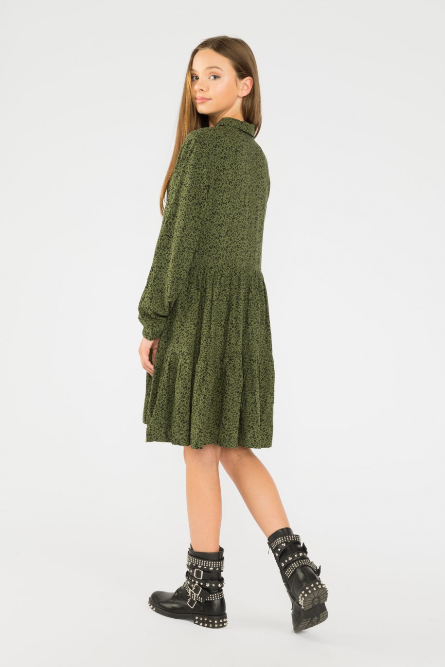 Zielona sukienka z długim rękawem w kwiatuszki - 39325