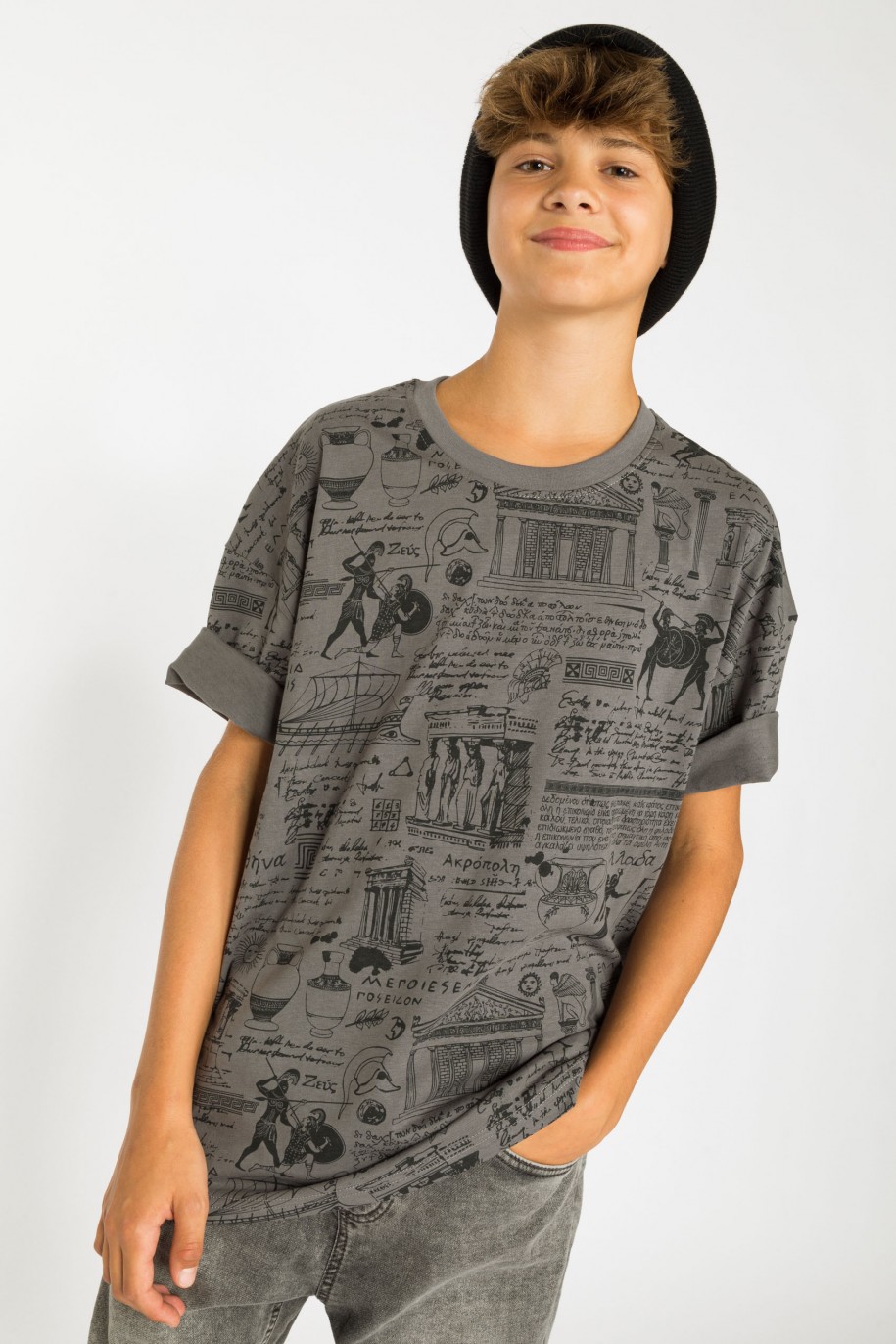 Szary T-shirt z nadrukami ANTIQUE - 39358