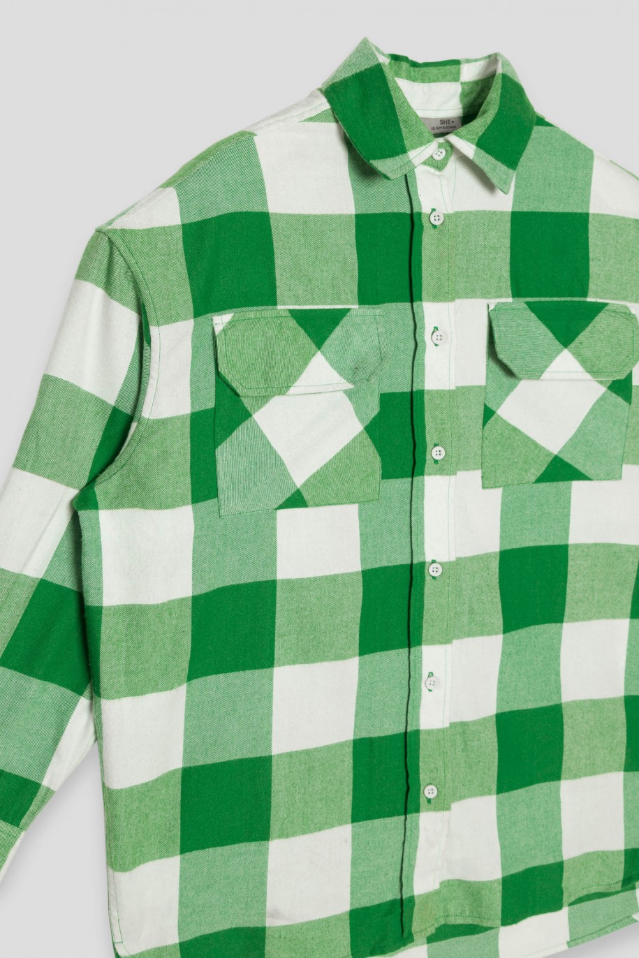 Zielona przedłużana koszula oversize w kratę - 40224
