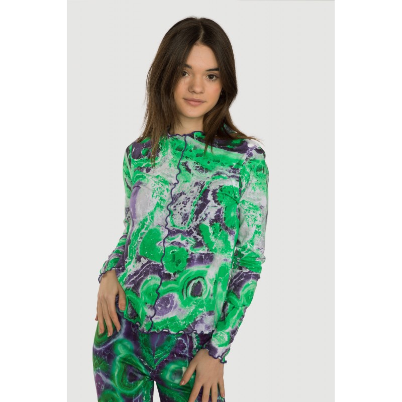 Zielono-fioletowa wzorzysta bluzka z nadrukiem tie dye - 40437