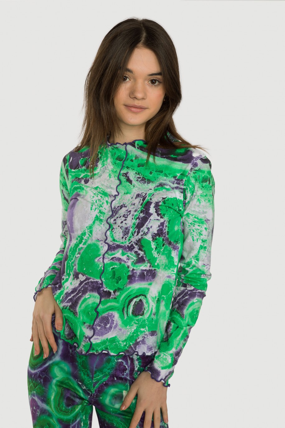 Zielono-fioletowa wzorzysta bluzka z nadrukiem tie dye - 40437