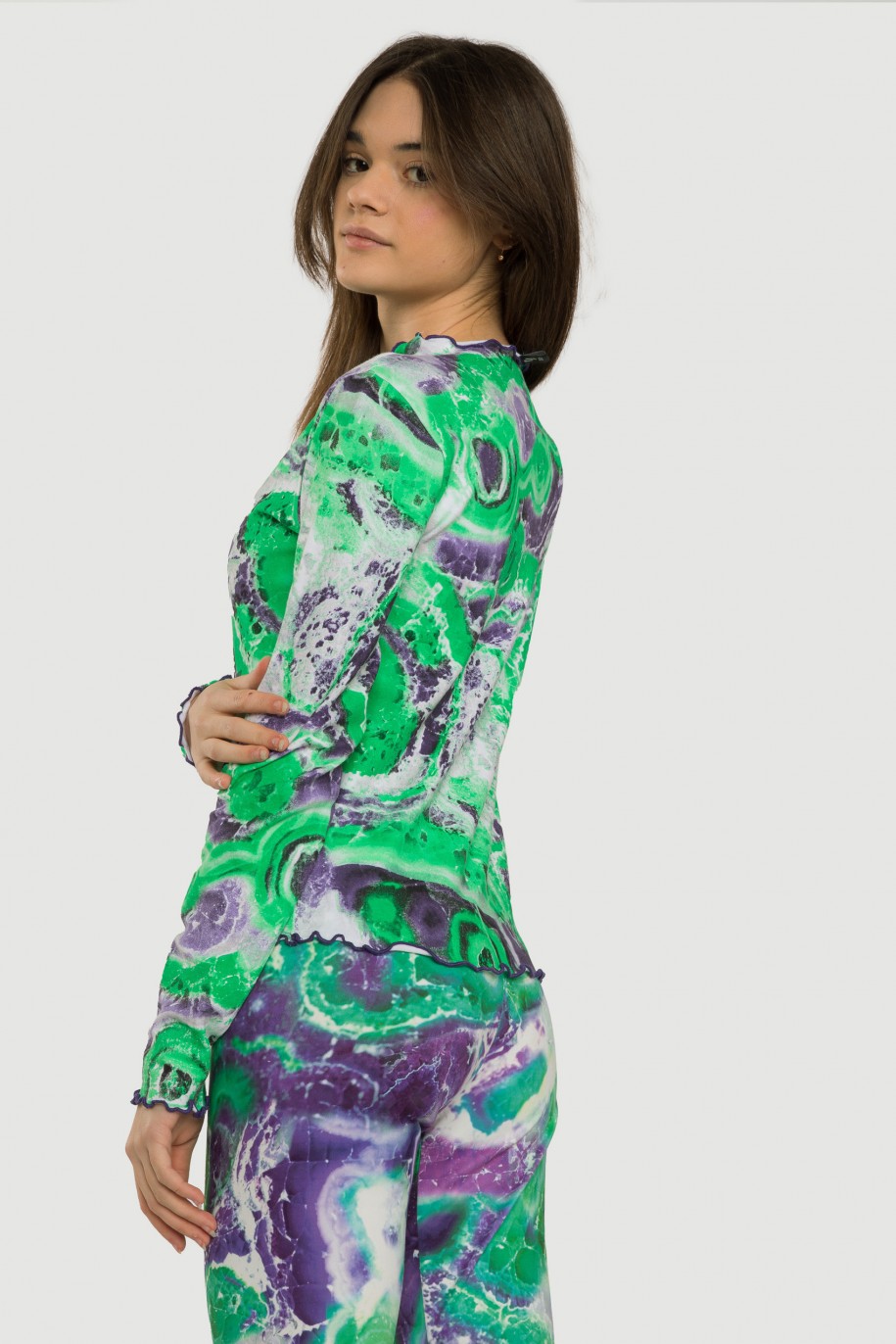 Zielono-fioletowa wzorzysta bluzka z nadrukiem tie dye - 40438