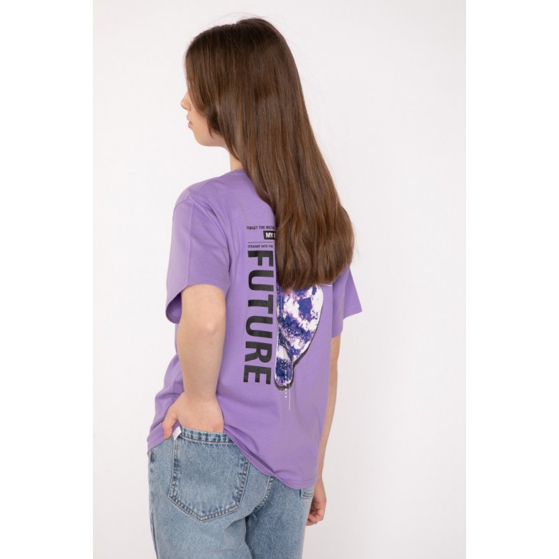 Fioletowy T-shirt z nadrukiem na plecach - 40605