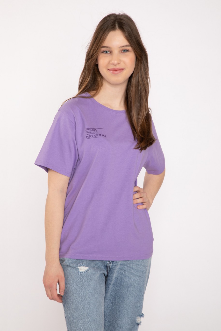 Fioletowy T-shirt z nadrukiem na plecach - 40606